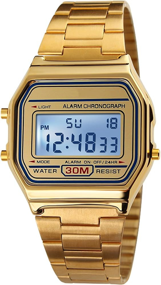 PASOY Men's Digital Gold Stainless Steel Watch Backlit Multifunction Stopwatch Waterproof Sport W... | Amazon (US)
