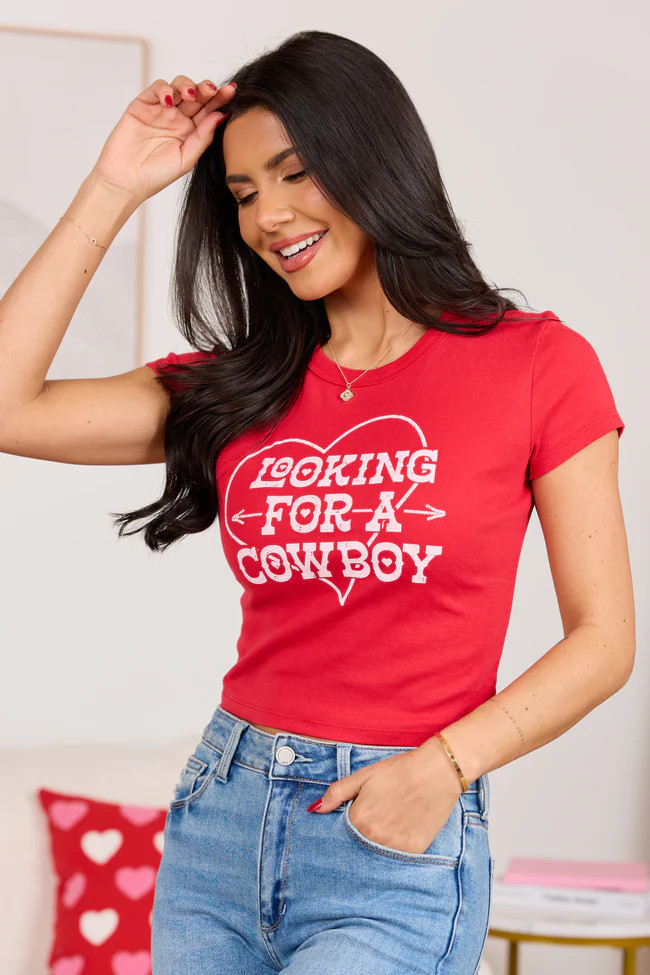 Looking For A Cowboy Red Baby Graphic Tee | Pink Lily
