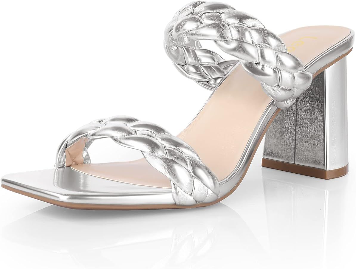 Amazon.com | Leevar Braided Sandals for Women - Stylish Square Toe Braided Heels for Women - Silv... | Amazon (US)