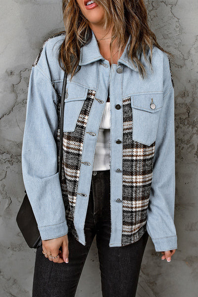 Plaid Patchwork Raw Hem Denim Jacket | Evaless