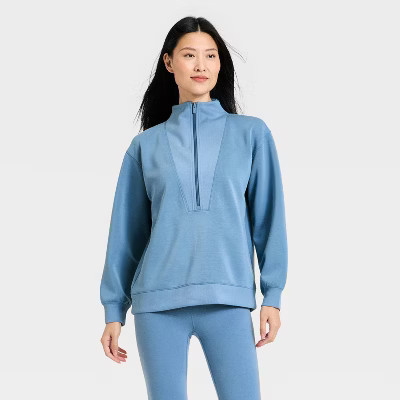 Women's Airy Sleek Deep Zip Pullover Sweatshirt - All In Motion™ Steel Blue XS | Target