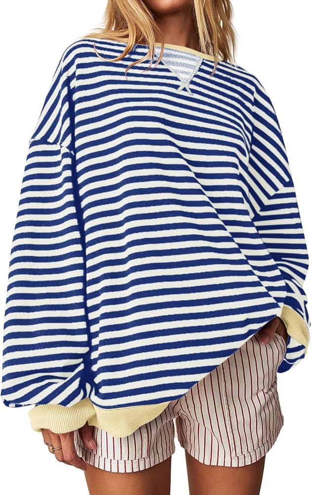 Fisoew Womens Striped Oversized Sweatshirt Color Block Crew Neck Long Sleeve Shirt Casual Loose P... | Amazon (US)