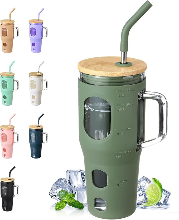 VOKOVO 32 Oz Glass Tumbler with Bamboo Lid and Straw, Glass Water Bottles with Handle Reusable Cu... | Amazon (US)