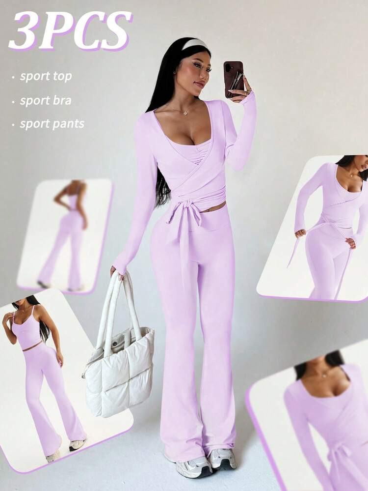Sovereign Charm 3pcs Women's Sports Suit Set, Includes Long Sleeve T-Shirt, Adjustable Strap Top, And High Waist Flared Pants, Suitable For Daily Casual Wear, Running, Yoga, Gym, Tennis, All Seasons | SHEIN