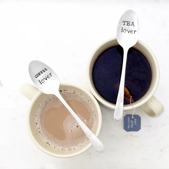 Stamped Spoons, Tea Lover and Coffee Lover. Hand Stamped Silverware Set. Couples Gift Idea by Milk & | Etsy (US)