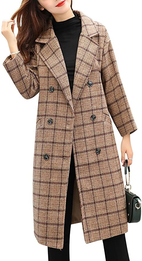Tanming Women's Notch Lapel Double Breasted Wool Blend Mid Long Pea Trench Coat | Amazon (US)
