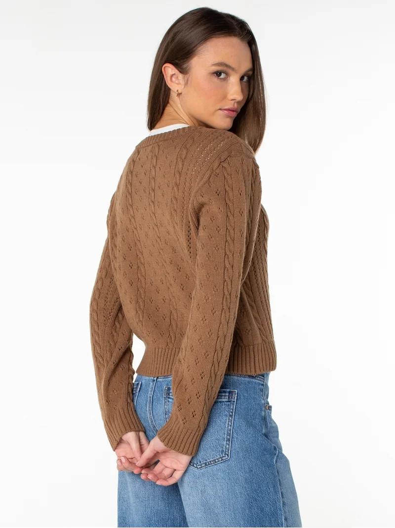 Celebrity Pink Women's Pointelle Crew Neck Cardigan Sweater, Sizes XS-4X | Walmart (US)