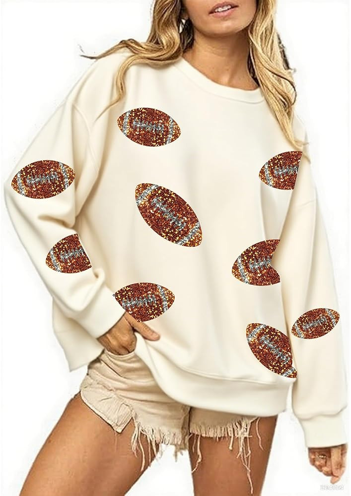 Women Sequin Football Sweatshirt Oversized Game Day Sweatshirt Rugby Fall Graphic Crewneck Pullov... | Amazon (US)