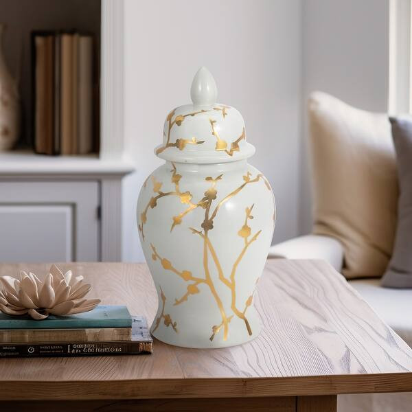 Sagebrook Home Elegance 14" White Ceramic Temple Jar with Gold Cherry Blossom - Chinoiserie Accen... | Bed Bath & Beyond