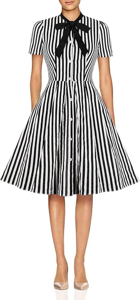 Wellwits Women's Stripes Print Tie Neck Pocket Vintage Button Down Shirt Dress | Amazon (US)