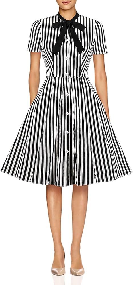 Wellwits Women's Stripes Print Tie Neck Pocket Vintage Button Down Shirt Dress | Amazon (US)