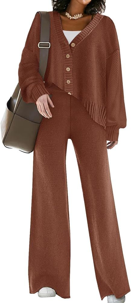 Womens Two Piece Outfits Sweater Sets Open Front Knit Cardigan and Wide Leg Pants Sweatsuit Loung... | Amazon (US)