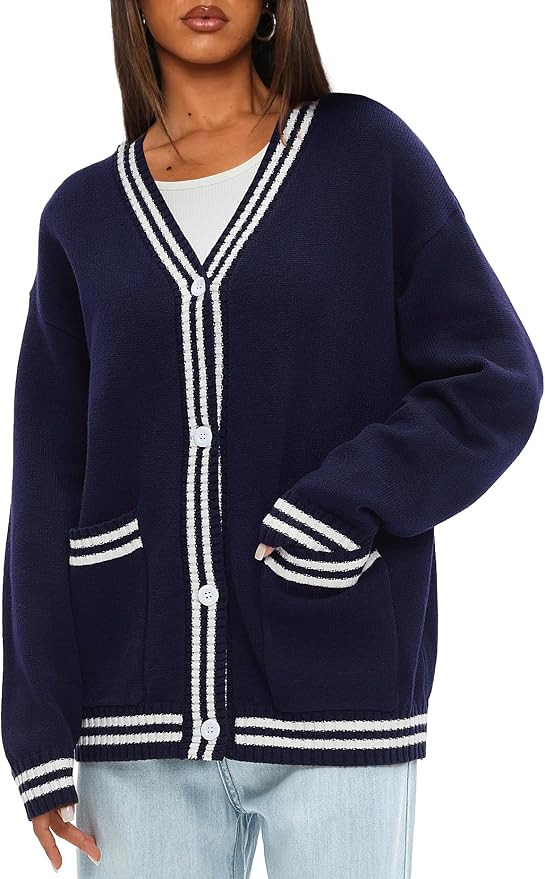 Darong Women Oversized Cardigan Sweaters Knit Button Front Stripes Trim Cardigan Tops Fall Outfit... | Amazon (US)