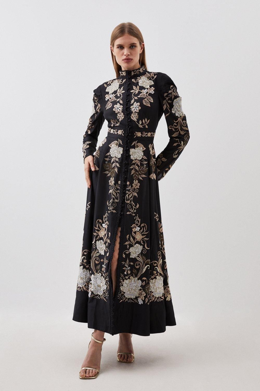 Floral Embroidered Button Detail Woven Maxi Dress | Karen Millen US