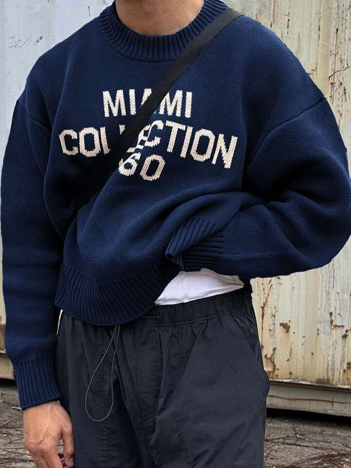 New Arrival Men's Street-Style American English Graphic Jacquard Knit Pullover, Round Neck Casual... | SHEIN