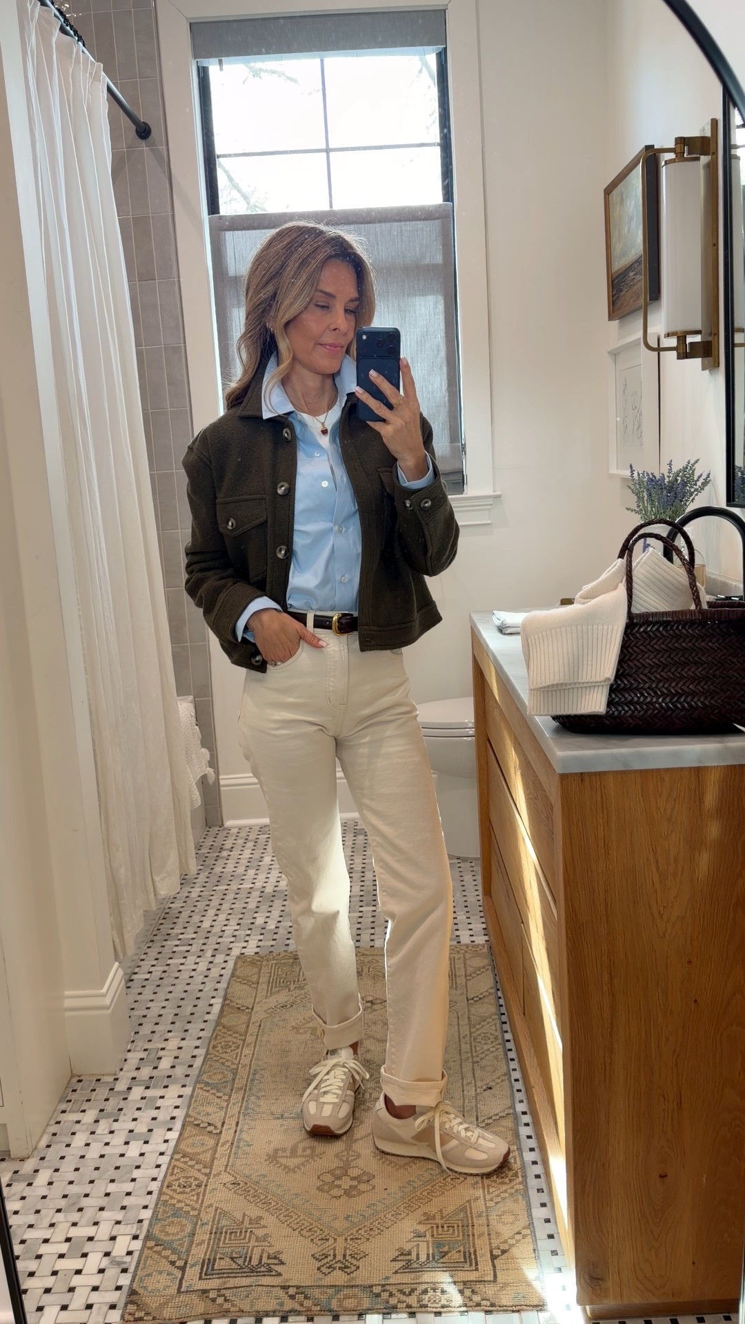 -Madewell jeans, love the straight leg fit! I’m 5’6”. Wearing Reg length. I cuffed them. 
-A favorite low-cost tee! Sz Small
-Brochu Walker button-up with elevated details? Sz XS
-Quince jacket, Sz S other colors available 
-Quince cashmere sweater sz S
-New Balance sneakers TTS 
-new acorn charm Is gorgeous! Crafted in Italy. 


#LTKgrwm #LTKOver40 #LTKootd