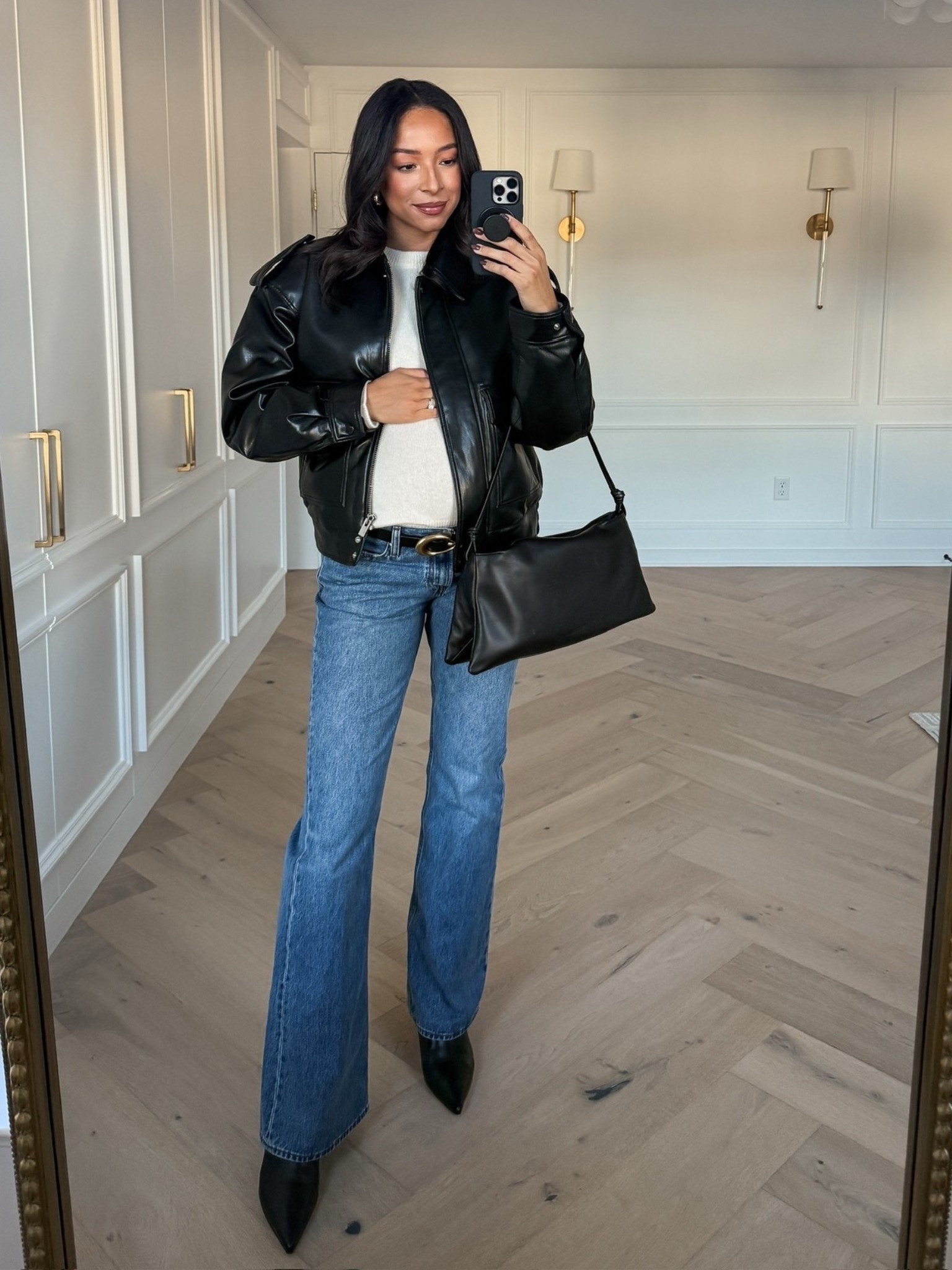 Bump friendly fall capsule wardrobe 🍂 wearing size S cream sweater , size S black leather jacket and size 29 jeans (sized up for the bump) knee high boots fit tts 

Fall outfit 
Fall fashion 
Fall essentials 
Closet staples 
Closet essentials
Outfit idea
Outfit inspo 

#LTKBump #LTKStyleTip #LTKSeasonal