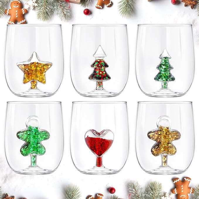 6 Pcs 17oz 3D Crystal Stemless Wine Glass Cup with Christmas Tree Gingerbread Man Love Glitter St... | Amazon (US)