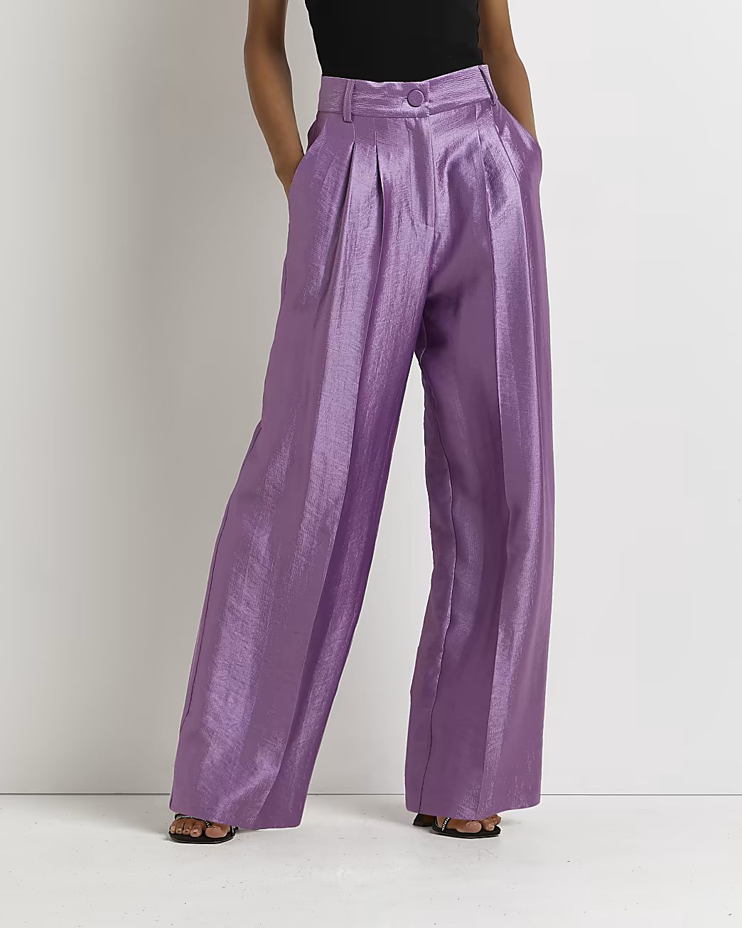 Purple metallic pleated wide leg trousers | River Island (UK & IE)