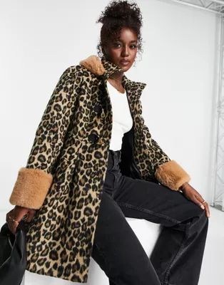 Miss Selfridge leopard duffel swing coat with fur hood | ASOS (Global)