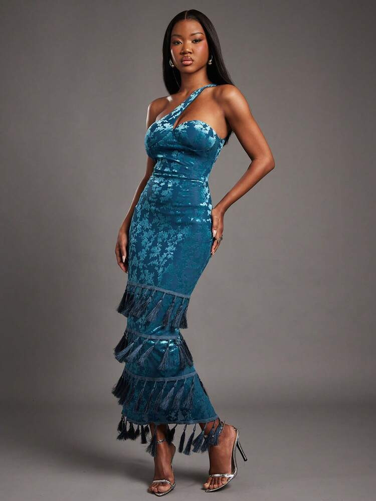 NYA SZN Dress SleevelessAsymmetrical Strap Fitted Bodycon Fringe Detail Blue Velvet Easter Warm Weather St. Patrick's Day Spring Break Spring Summer Boho Elegant Luxury Event Party Vacation Travel Airport Maxi Length Outfits For Women | SHEIN