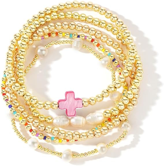 14K Gold Pearl Beaded Cross Bracelets Stack Set for Women,Stretch Boho Colorful Christian Beads B... | Amazon (US)
