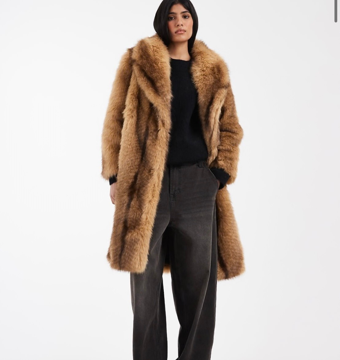 ASOS DESIGN midi faux fur coat in orange stripes
Mid and Plus sized linked 

#LTKMidsize #LTKSaleAlert #LTKPlusSize