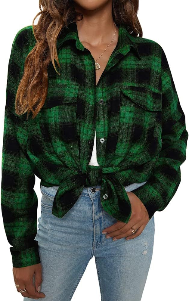 Blooming Jelly Women's Button Down Flannel Shirts Plaid Shacket Long Sleeve Collared Business Casual | Amazon (US)