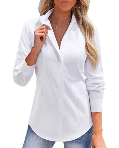 siliteelon Button Down Shirt for Women Long Sleeve Dress Shirts Fitted Work Blouse, Stain-Resistant for Business Casual Wear White | Amazon (US)