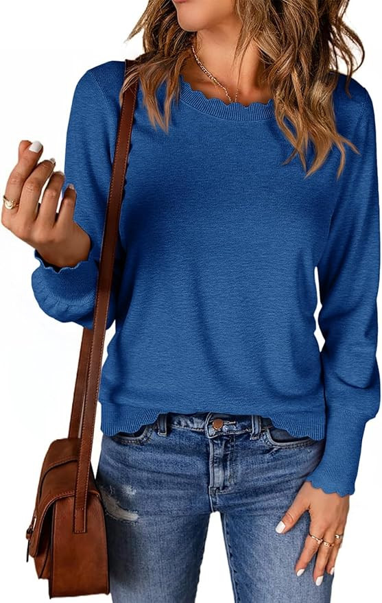 Cicy Bell Womens Crew Neck Long Sleeve Sweater Trendy Casual Scallop Trim Fall Knit Lightweight P... | Amazon (US)