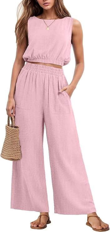 GRECERELLE Two Piece Sets for Women Sleeveless Crop Top Wide Leg Pants Sweat Set for Women Tracks... | Amazon (US)