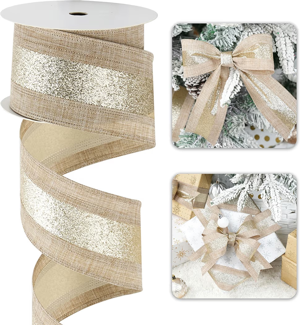 Burlap Christmas Wired Ribbon with Champagne Gold Glitter Stripe 2.5 in x 10 Yds Natural/Gold Fau... | Amazon (US)