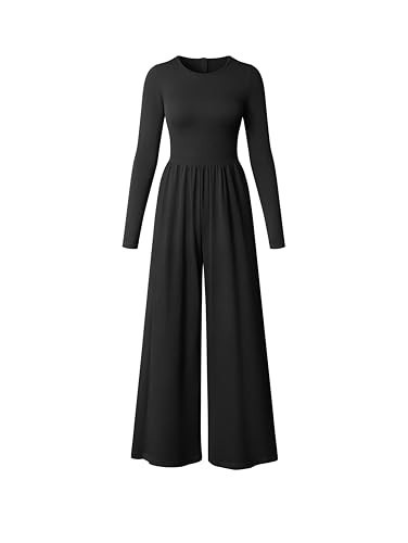 OQQ Womens Jumpsuits Dressy One Piece Outfits Long Sleeve Crew Neck Casual Wide Leg Pants Jumpsuits Black | Amazon (US)