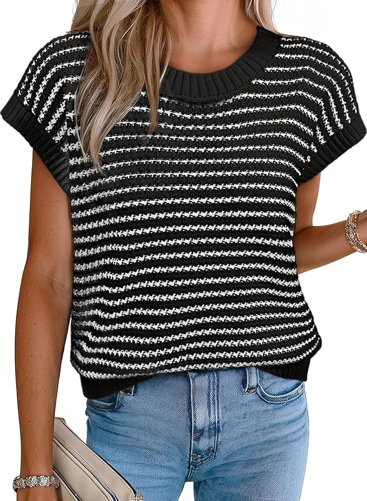 EVALESS Women's Sweater Vest Striped Pullover Tank Top Round Neck Cap Sleeve Lightweight 2025 Sum... | Amazon (US)