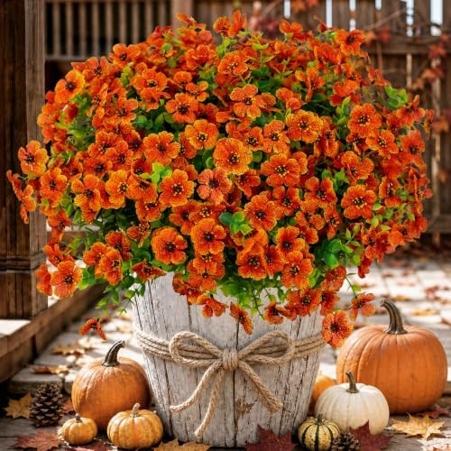 AXYLEX Artificial Fall Flowers Outdoor Fake Mums (Red Orange, 16 Pack) | 16 bundles UV resistant ... | Amazon (US)