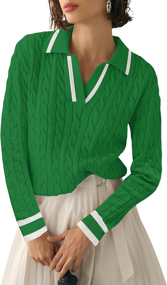 Micoson Womens Fall Long Sleeve Sweaters Lapel V Neck Cable Knitted Pullover Casual Soft Jumper T... | Amazon (US)