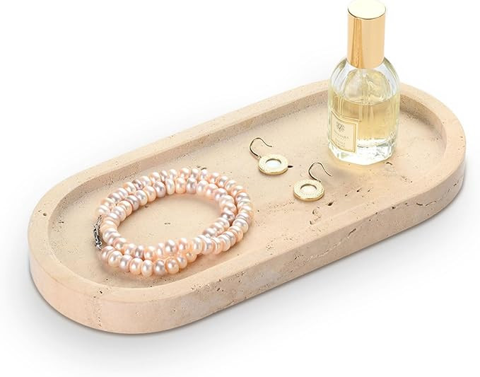 Turkish Natural Marble Vanity Tray, Oval Bathroom Tray 10 inch, Beige Travertine Perfume Trays, V... | Amazon (US)