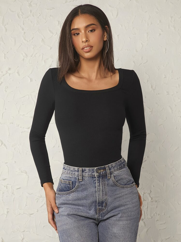 SHEIN BASICS Scoop Neck Solid Ribbed Long Sleeve Tee | SHEIN