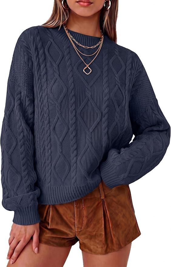 Arach&Cloz Women's Oversized Cropped Cable Knit Casual Sweater Tops | Amazon (US)
