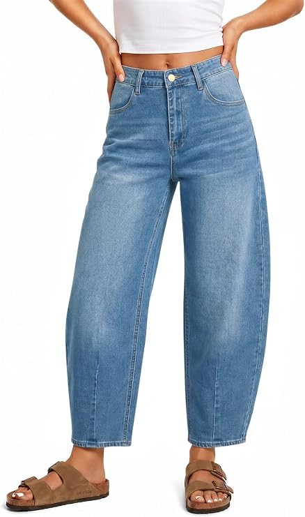 Saodimallsu Womens Barrel Jeans Cropped High Waisted Baggy Wide Straight Leg Boyfriend Denim Pant... | Amazon (US)
