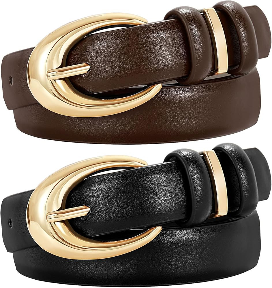 2 Pack Women Leather Belt for Jeans Pants Fashion Ladies Skinny Faux Leather Belt with Gold Buckl... | Amazon (US)