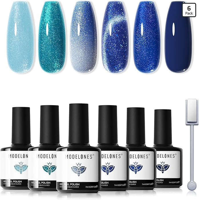 modelones Blue Gel Nail Polish Set, 6 Colors Cat Eye Glitter Color Changing Chameleon Gel Polish ... | Amazon (US)