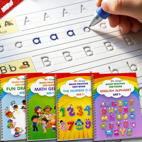 Magic Practice Copybook for Kids Ages 3-8 — 4 Pack Reusable Grooved Handwriting Workbooks with 2 Disappearing Ink Pens | Easy Letter & Number Tracing Set, Perfect Toddler Learning Gift | Amazon (US)