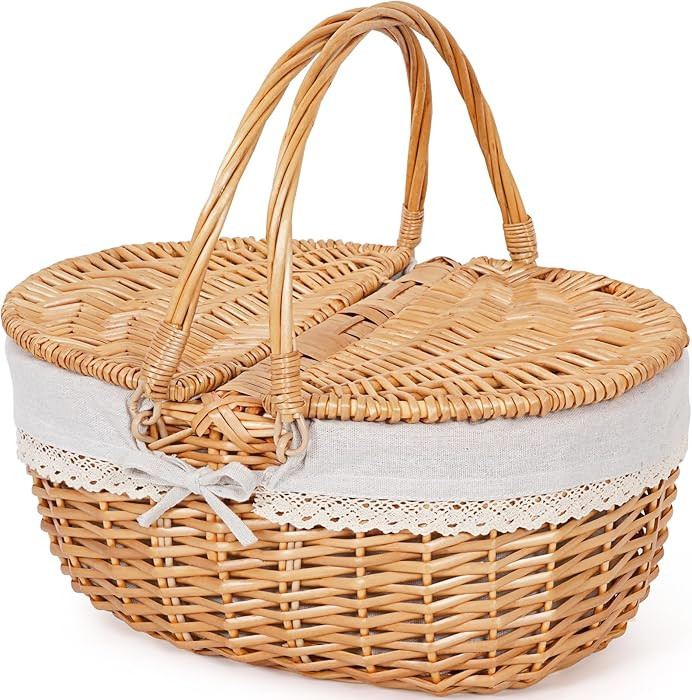 Happypicnic Wicker Picnic Basket with Handle, 15" Large Empty Picnic Basket with Lid & Removable ... | Amazon (US)