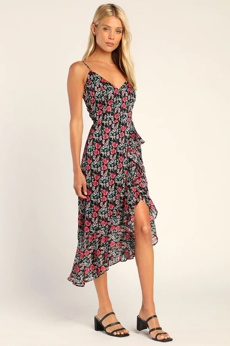 Daydream Darling Black Floral Print Ruffled Midi Dress | Lulus (US)