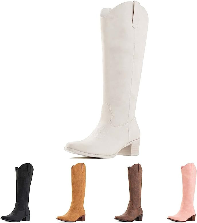 LLYONE Cowboy Boots for Women Knee High, Cowgirl Boots Tall Western Wide Calf Suede Chunky Heel P... | Amazon (US)