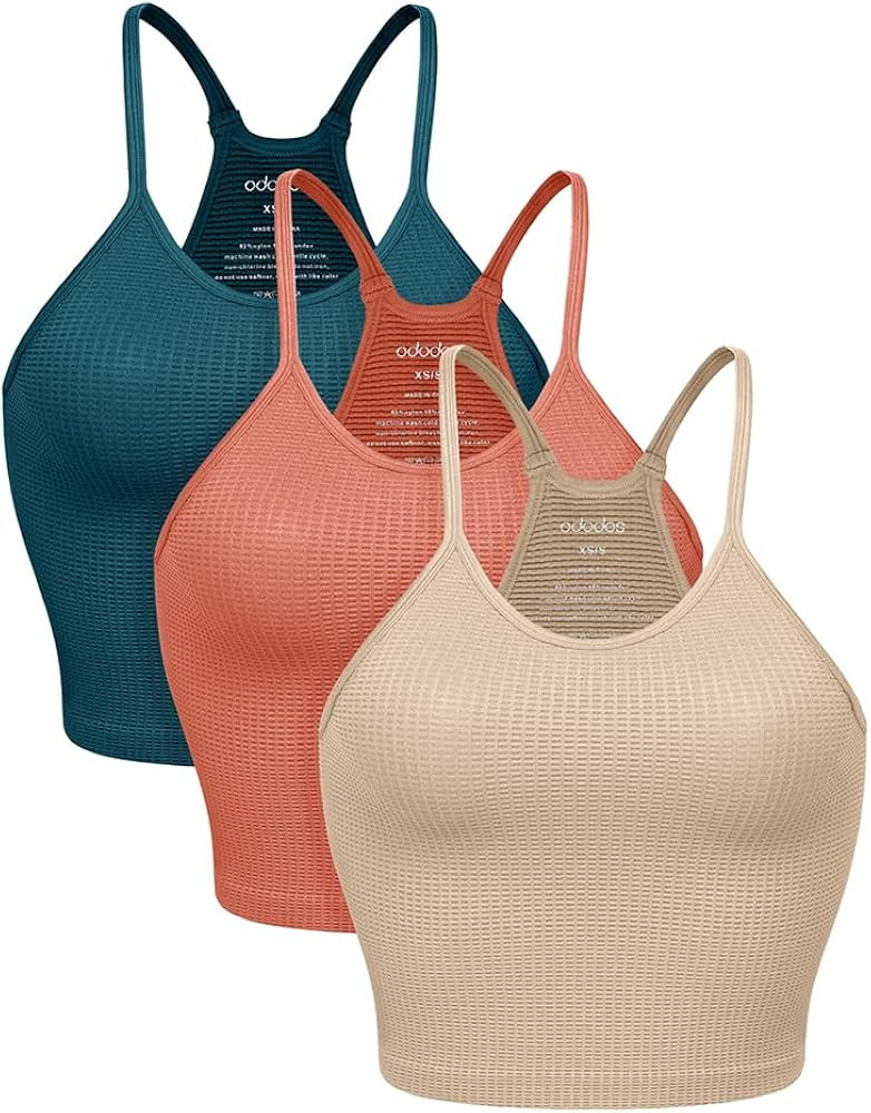 ODODOS Women's Crop 3-Pack Waffle Knit Seamless Camisole Crop Tank Tops | Amazon (US)