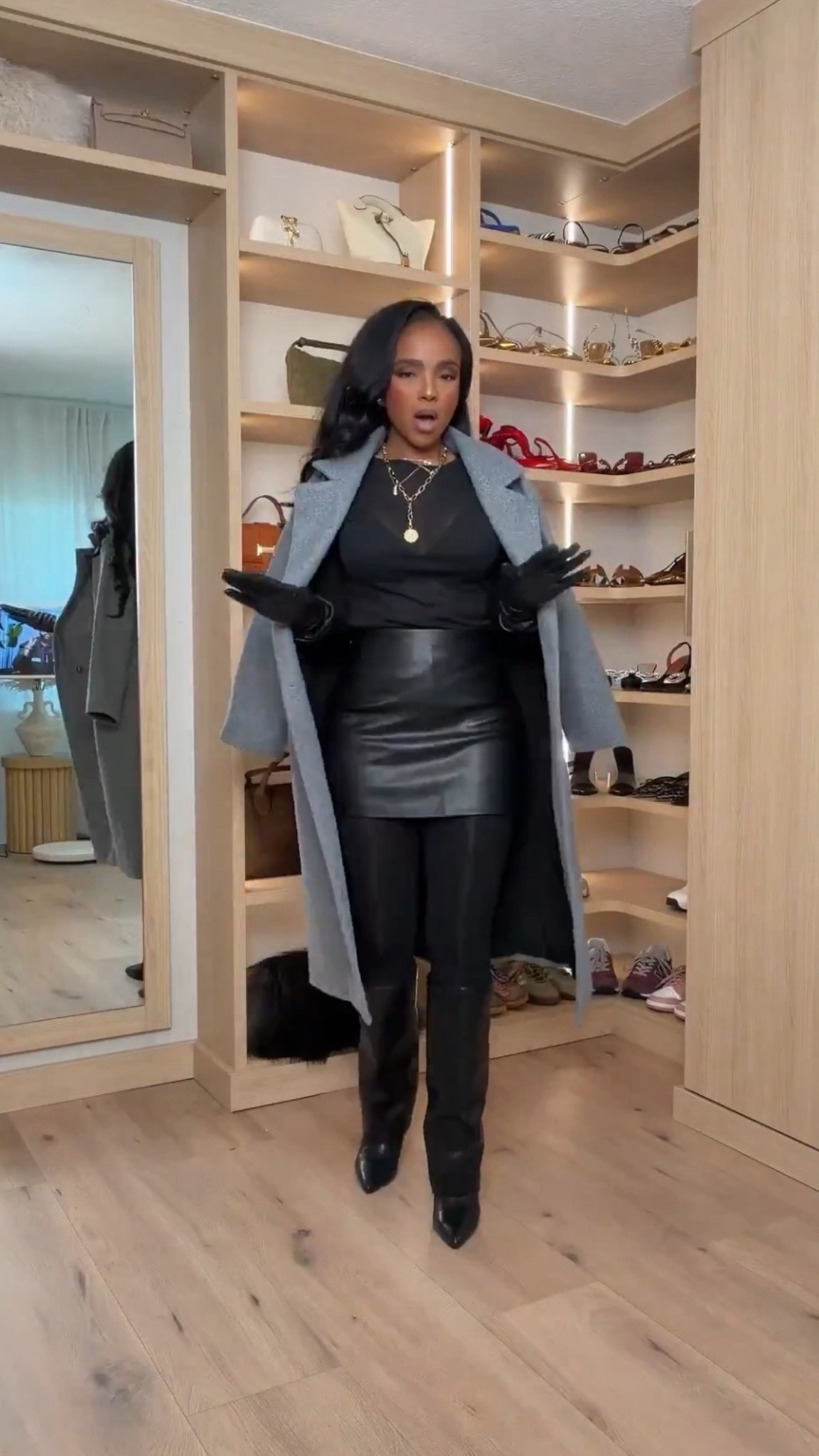 ✨ Effortlessly Elevated — sleek layers with a polished edge

This look is all about refined confidence. A structured coat layered over a fitted top and leather skirt creates a powerful silhouette that transitions seamlessly from day to night. Finished with tall boots and gloves for a chic, put-together feel that always delivers. A timeless outfit you’ll restyle again and again, making the cost per wear drop fast.

Perfect for:
• Dinner plans
• City nights
• Work-to-evening
• Cold-weather outings

📏 Sizing:
Top: Small  
Skirt: Small  
Coat: Small  
Boots: True to size  

Measurements:
5’4” · 138 lbs · 34D · 27” waist · 40” hips  

Tap to get details.

Sleek winter outfits, leather skirt styling, elevated neutral looks, chic cold-weather outfits, polished everyday style.

Follow me on Instagram and YouTube @kirasfashionfinds