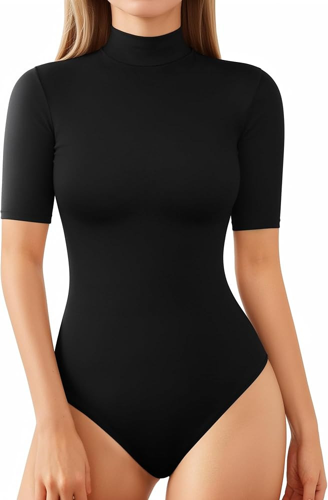 MANGOPOP Womens Mock Turtle Neck Bodysuits Half Elbow Short 3/4 Sleeve Bodysuit for Going Out | Amazon (US)