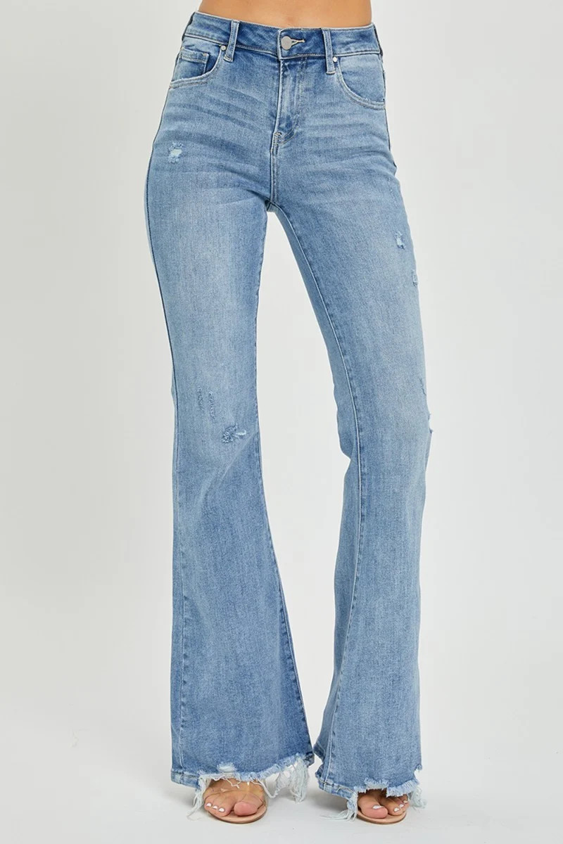 Risen Full Size High Rise Frayed Hem Flare Jeans | @shopisostyle